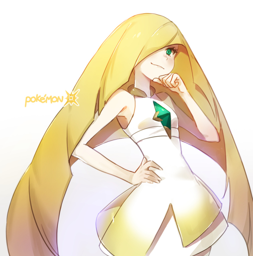 bare_shoulders blonde_hair blush copyright_name crystal dress green_eyes hair_over_one_eye hand_on_hip lips logo long_hair looking_at_viewer lusamine_(pokemon) pokemon pokemon_(game) pokemon_sm rushi_(bloodc) sleeveless smile smirk solo very_long_hair