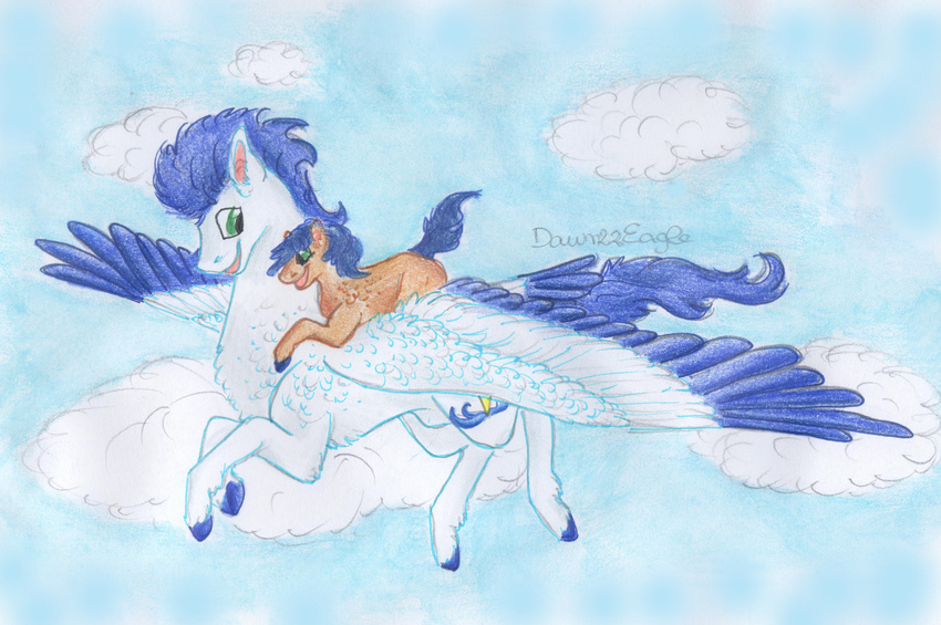 absurd_res blue_feathers blue_hair cutie_mark dawn22eagle day duo equine fan_character feathered_wings feathers feral flying friendship_is_magic fur green_eyes hair hi_res hooves mammal my_little_pony outside pegasus smile soarin_(mlp) traditional_media_(artwork) white_feathers white_fur wings wonderbolts_(mlp) young