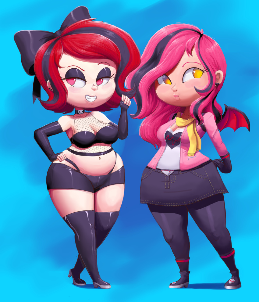 blush breasts cleavage clothed clothing female fishnet footwear hair high_heels lips outta_sync pink_eyes pink_hair red_hair shorts thick_thighs wide_hips wings yellow_eyes