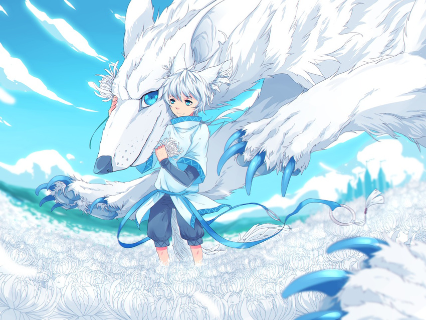 4_fingers 5_fingers blue_eyes canine claws clothed clothing day duo eyelashes feral fumiko fur green_eyes grey_nose hair human humanized inner_ear_fluff mammal outside pawpads paws sky smile standing white_fur white_hair