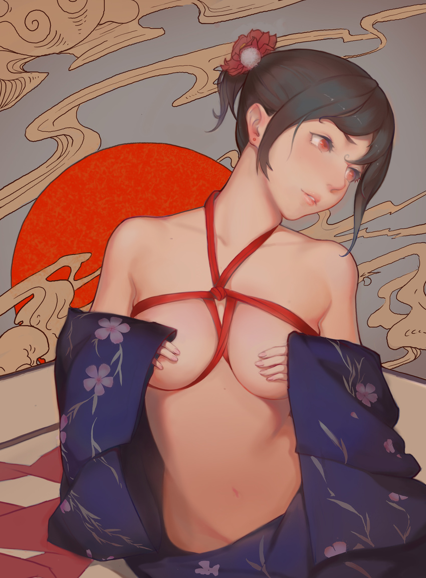 absurdres amino_(tn7135) black_hair collarbone covering covering_breasts flower hair_flower hair_ornament highres japanese_clothes lips looking_to_the_side navel orange_eyes parted_lips ponytail red_rope rope shibari shibari_under_clothes solo topless wide_sleeves