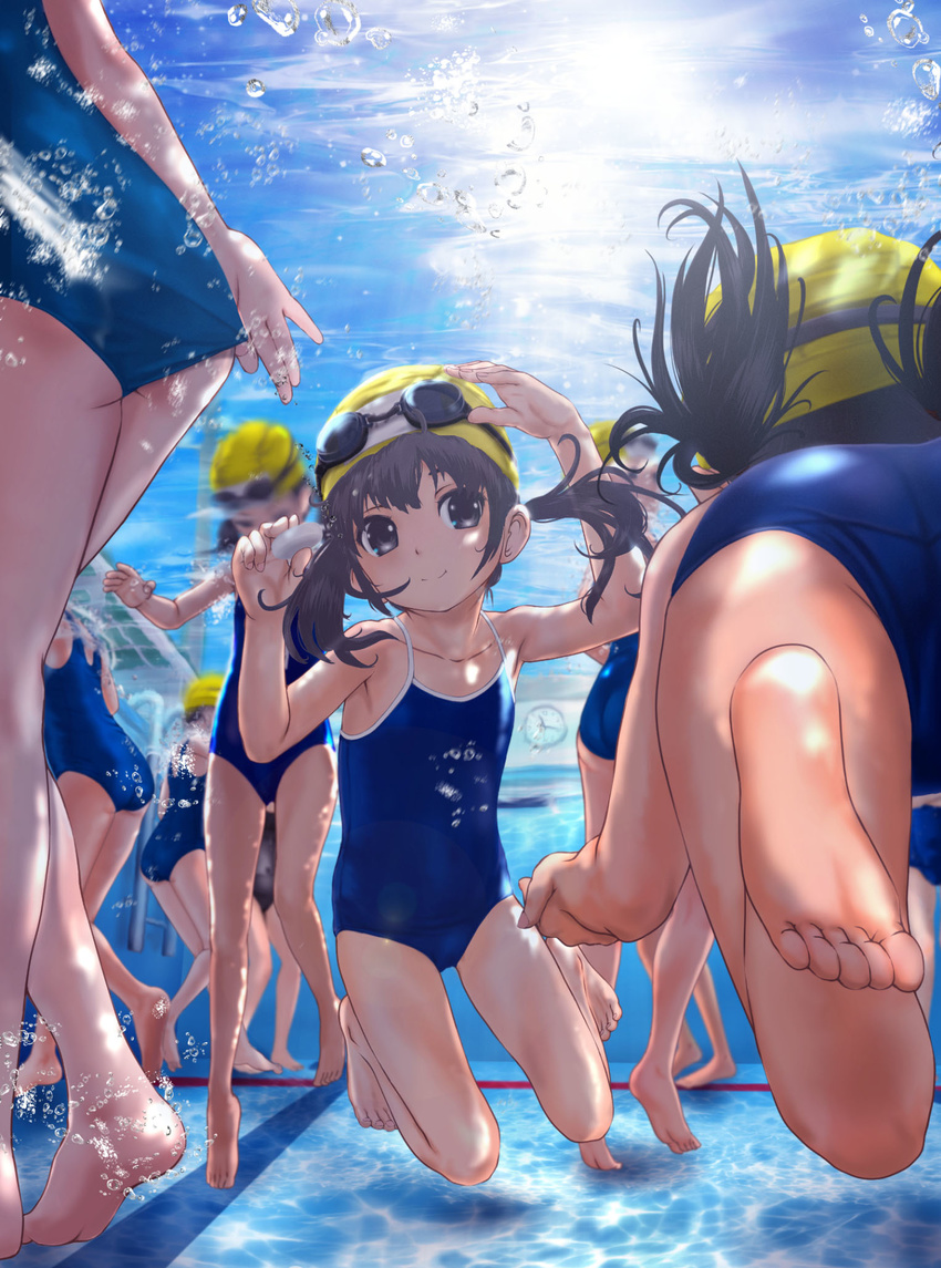 air_bubble ass bare_legs barefoot black_eyes black_hair bubble clock commentary_request floating_hair goggles goggles_on_head higashi_tarou highres long_hair multiple_girls one-piece_swimsuit original pool school_swimsuit smile solo_focus swim_cap swimming swimsuit twintails underwater water