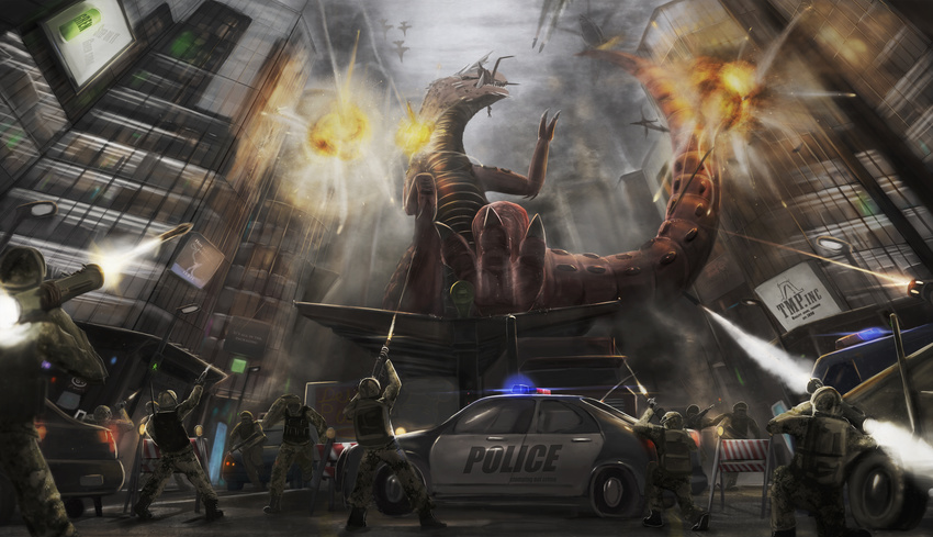3_toes armor car clothed clothing detailed_background dragon explosion group gun helmet holding_object holding_weapon human mammal outside police ranged_weapon red_scales scales themefinland toes vehicle weapon
