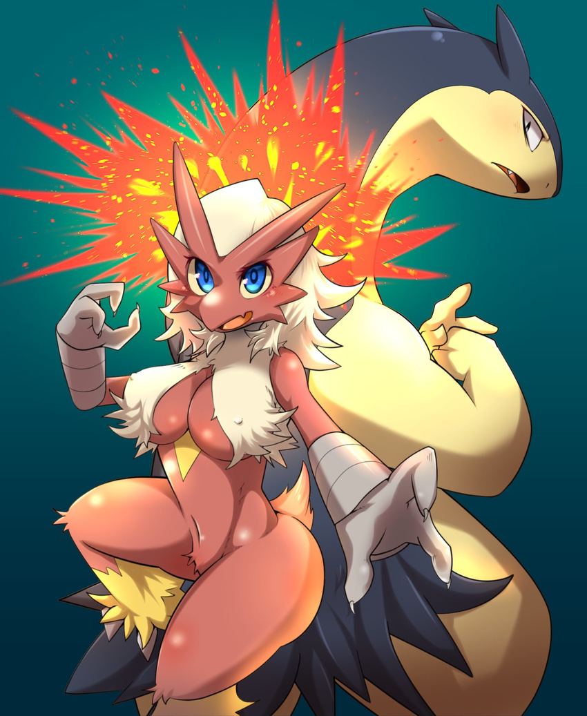 2016 anthro avian blaziken blue_eyes blush breasts enryo female mammal nintendo nude open_mouth pok&eacute;mon solo typhlosion video_games