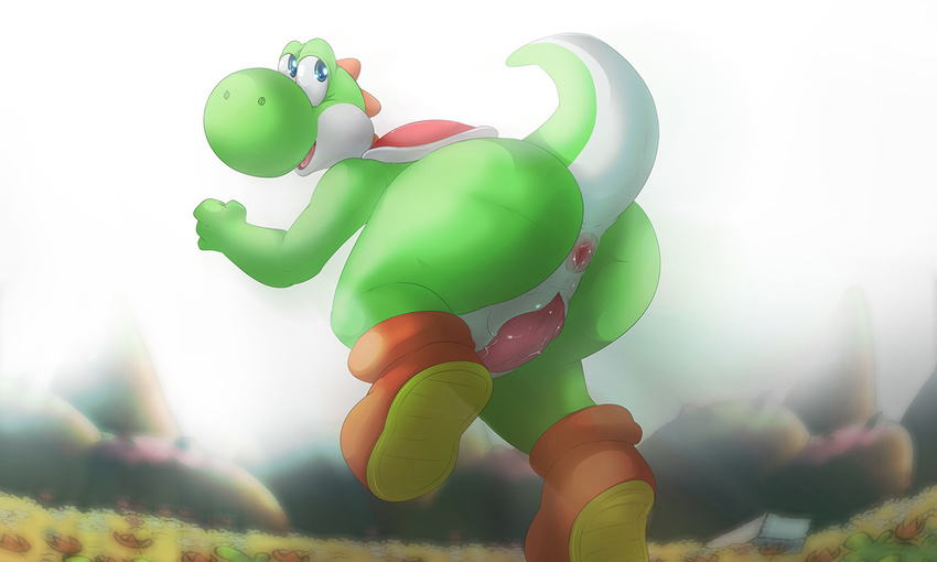 2016 4_fingers animal_genitalia anthro anus big_butt blue_eyes butt clothing footwear genital_slit green_scales green_yoshi happy hi_res looking_back low-angle_view male mario_bros nintendo outside penis rear_view scales scalie shoes simple_background slit solo ursofofinho video_games white_background yoshi