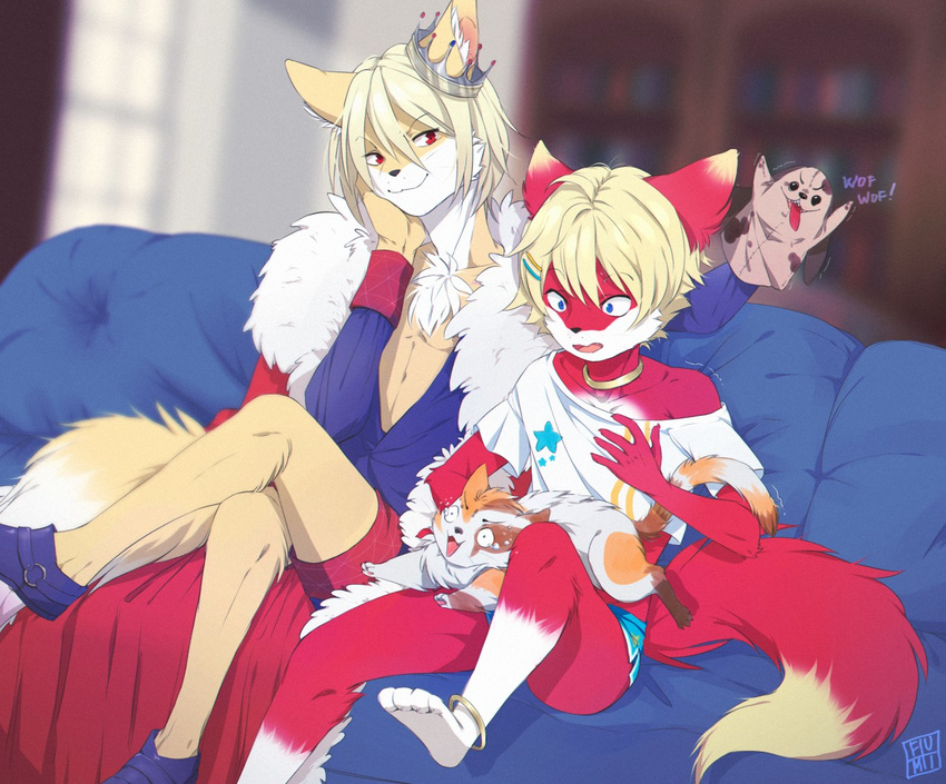 4_toes 5_fingers ambiguous_gender anthro barefoot blue_eyes canine cat crown feline fluffy fluffy_tail fox fumiko fur girly group hair jewelry male mammal necklace open_mouth red_eyes red_fur sitting smile tan_fur toes white_hair