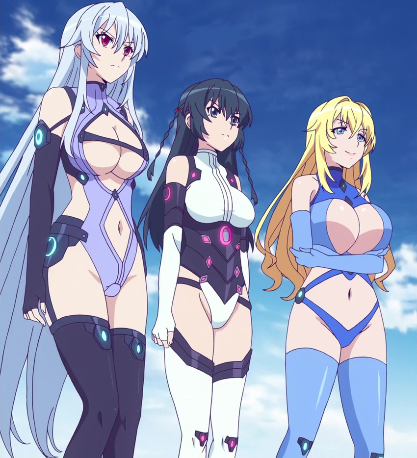 3girls blonde_hair blue_eyes breasts chidorigafuchi_aine cleavage himekawa_hayuru large_breasts long_hair masou_gakuen_hxh multiple_girls purple_eyes sky standing stitched suit yurishia_farandole