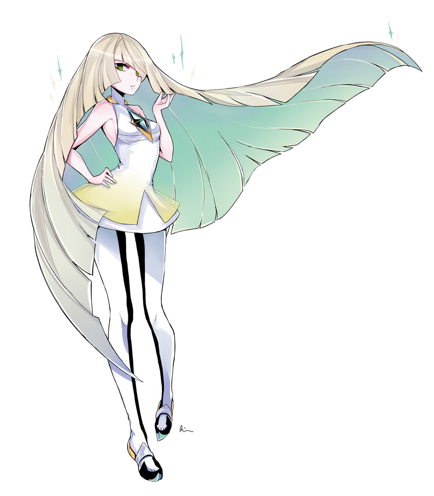 :o absurdres blonde_hair diamond dress full_body green_eyes hair_over_one_eye hand_on_hip highres long_hair looking_at_viewer lusamine_(pokemon) open_mouth pantyhose pokemon pokemon_(game) pokemon_sm rinrin_(hiouurin) shoes short_dress sleeveless sleeveless_dress solo sparkle standing very_long_hair