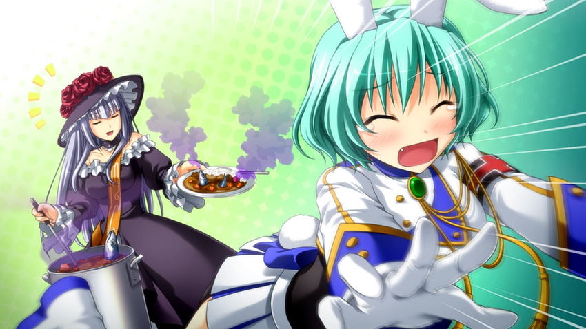 animal_ears aqua_hair artist_request bangs blunt_bangs blush breasts bunny_ears chiester410 choker closed_eyes cooking curry curry_rice dress fang fish fleeing flower food frills game_cg gloves hat large_breasts long_hair medium_breasts multiple_girls official_art open_mouth ougon_musou_kyoku rice saury short_hair silver_hair smile tears umineko_no_naku_koro_ni virgilia