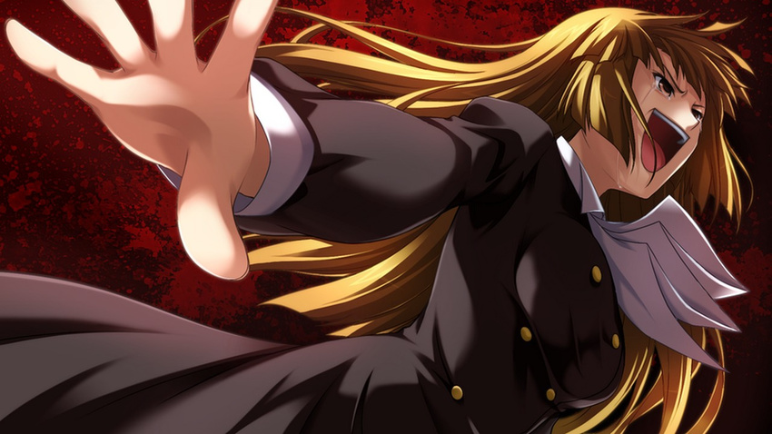 artist_request bangs blunt_bangs brown_eyes brown_hair coat cravat crying game_cg hime_cut long_hair official_art open_mouth ougon_musou_kyoku outstretched_arm outstretched_hand smile solo spoilers umineko_no_naku_koro_ni ushiromiya_rosa