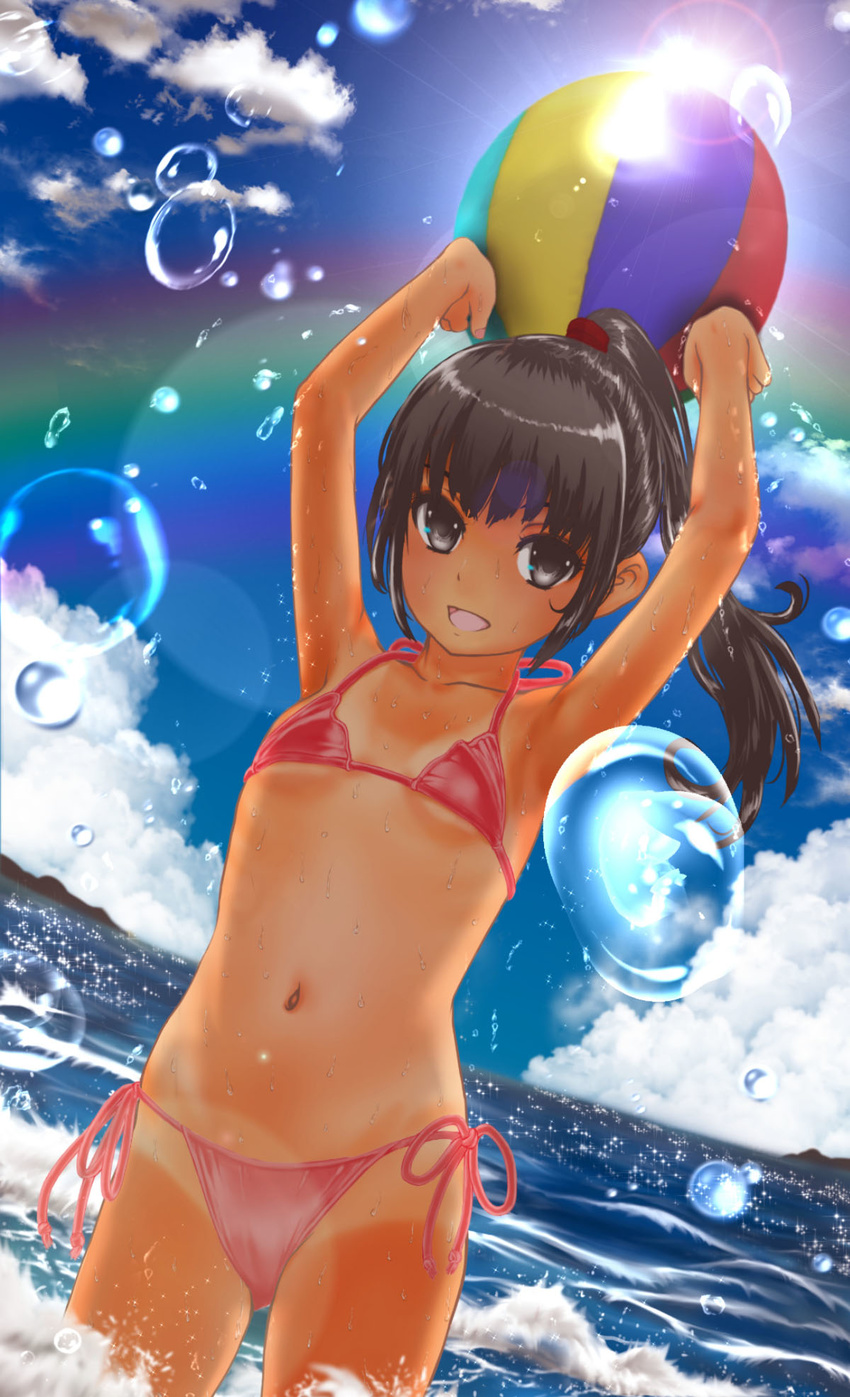 :d armpits arms_up ball bangs beachball bikini black_eyes black_hair blurry cloud cowboy_shot day depth_of_field dutch_angle flat_chest hair_ornament hair_scrunchie happy higashi_tarou high_ponytail highres holding holding_ball lens_flare long_hair looking_at_viewer ocean one-piece_tan open_mouth original outdoors pink_bikini ponytail scrunchie shade side-tie_bikini sidelocks sky smile solo sparkle standing string_bikini sun swimsuit tan tanline wading water water_drop waves