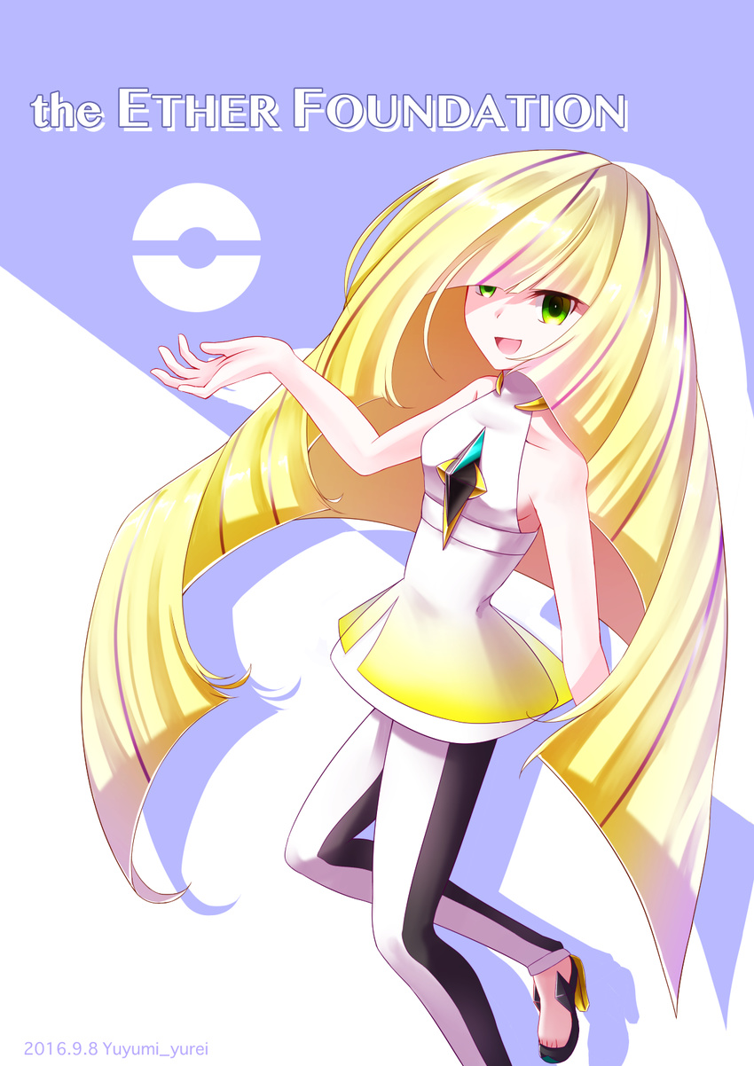 blonde_hair diamond dress full_body green_eyes hair_over_one_eye highres long_hair lusamine_(pokemon) pantyhose poke_ball_symbol pokemon pokemon_(game) pokemon_sm shoes short_dress sleeveless sleeveless_dress very_long_hair writing yuyumi_(yuurei)