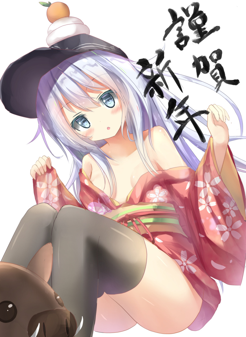 1girl animal ass black_hat black_legwear blue_eyes blue_hair blush boar breasts chinese_zodiac collarbone commentary_request flat_cap floral_print hands_up hat hibiki_(kantai_collection) highres japanese_clothes kagami_mochi kantai_collection kimono kimono_pull long_hair long_sleeves looking_at_viewer na!?_(naxtuyasai) obi off_shoulder parted_lips pinching_sleeves print_kimono red_kimono russian_commentary sash simple_background sitting sleeves_past_wrists small_breasts solo thighhighs translation_request very_long_hair white_background year_of_the_pig