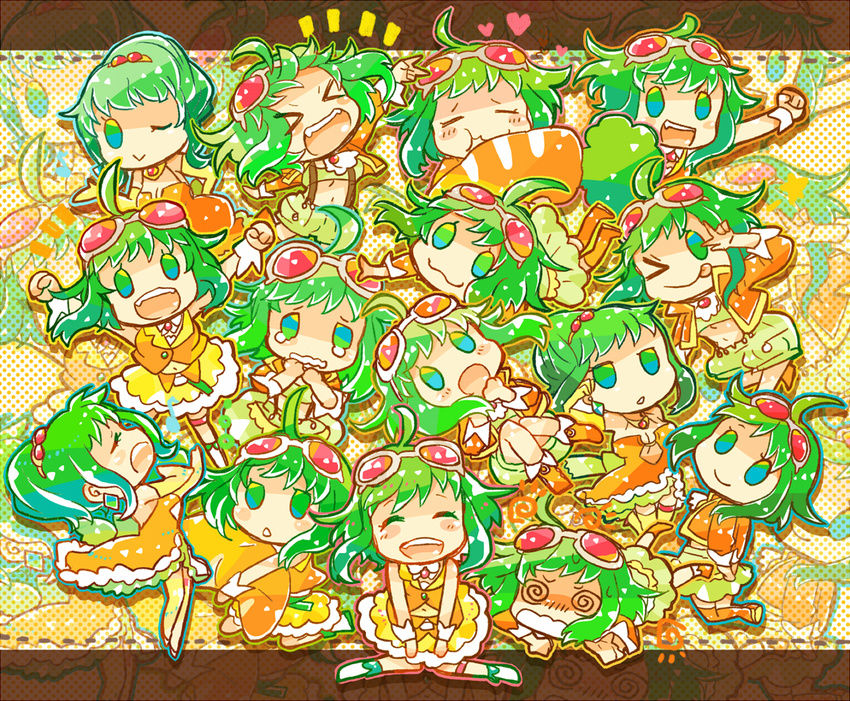 &gt;:d 1girl 7:24 :p blush carrot crying eyes_closed female food goggles goggles_on_head green_eyes green_hair gumi multiple_persona short_hair smile solo tongue vocaloid