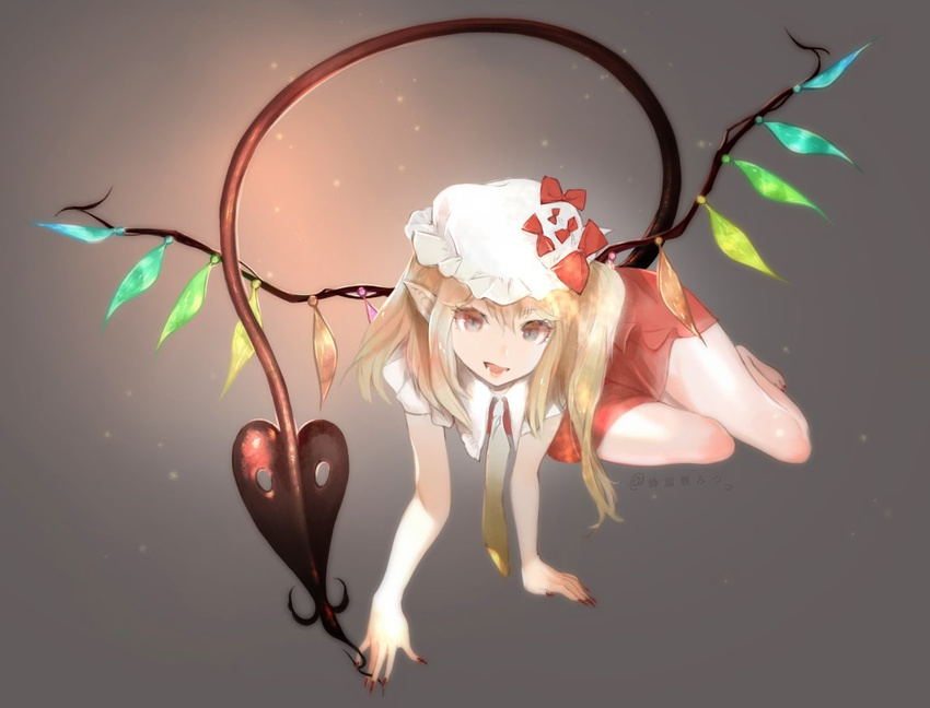 barefoot blonde_hair bow fingernails flandre_scarlet hair_bow laevatein laevatein_(tail) long_fingernails looking_at_viewer nail_polish open_mouth pointy_ears puffy_short_sleeves puffy_sleeves red_bow red_eyes red_nails red_skirt sharp_fingernails short_sleeves sitting sketch skirt skirt_set smile solo tail toenail_polish touhou vest viridiflora wings