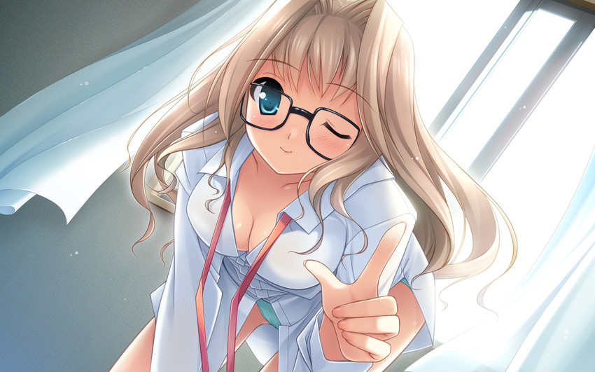 1girl aqua_eyes blue_eyes breasts brown_hair cleavage female gennosuke_(artist) glasses hazuki_mao highres long_hair onii-chan_daaisuki! panties smile solo underwear wink