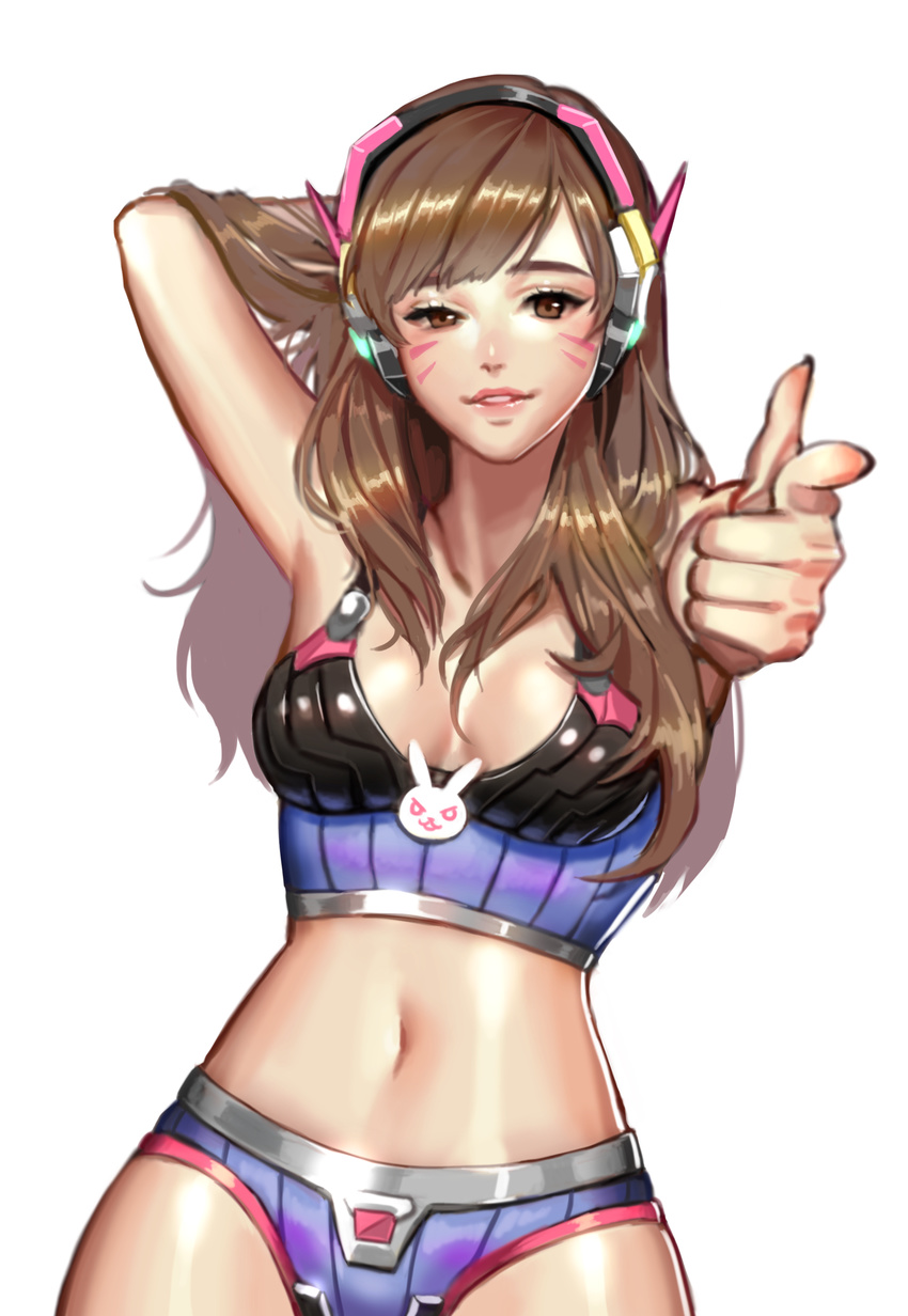 absurdres adapted_costume agape arm_behind_head bangs breasts brown_eyes brown_hair camisole collarbone commentary cowboy_shot d.va_(overwatch) eyebrows eyelashes facepaint facial_mark finger_gun hair_tousle hand_in_hair headphones highres lips long_hair looking_at_viewer medium_breasts midriff navel one_eye_closed overwatch parted_lips pink_lips pointing pointing_at_viewer shadow shiny shiny_clothes simple_background smile solo swept_bangs whisker_markings white_background