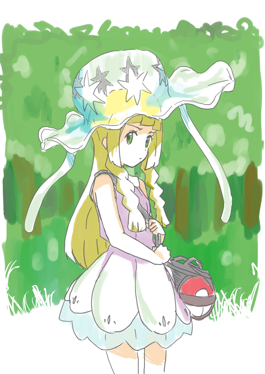 :&lt; absurdres bag bare_arms blonde_hair braid closed_mouth cowboy_shot dress duffel_bag egetsu_nee_na... gen_7_pokemon grass green_eyes hat highres holding jellyfish lillie_(pokemon) long_hair nihilego pokemon pokemon_(game) pokemon_sm solo tentacles tree twin_braids ultra_beast white_dress