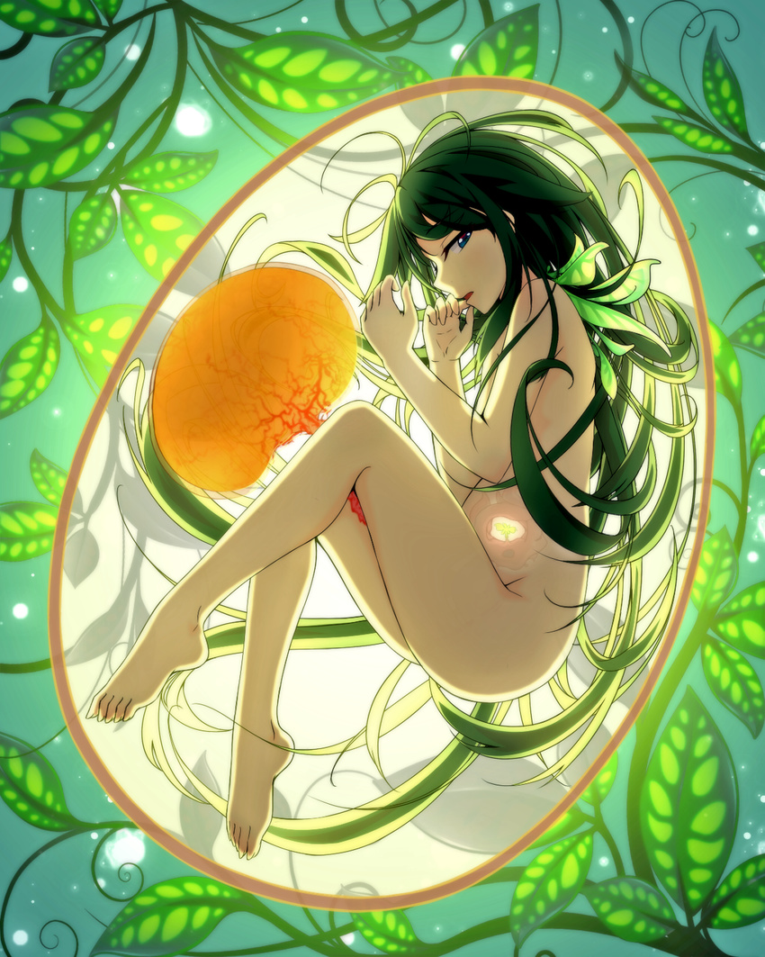 barefoot blue_eyes egg egg_yolk eggshell fetal_position flat_chest floating from_side full_body green green_hair green_ribbon hair_ribbon highres leaf long_hair looking_at_viewer looking_to_the_side nude open_mouth parted_lips placenta plant plantar_flexion profile ribbon saya saya_no_uta skyneko solo umbilical_cord uterus very_long_hair vines x-ray