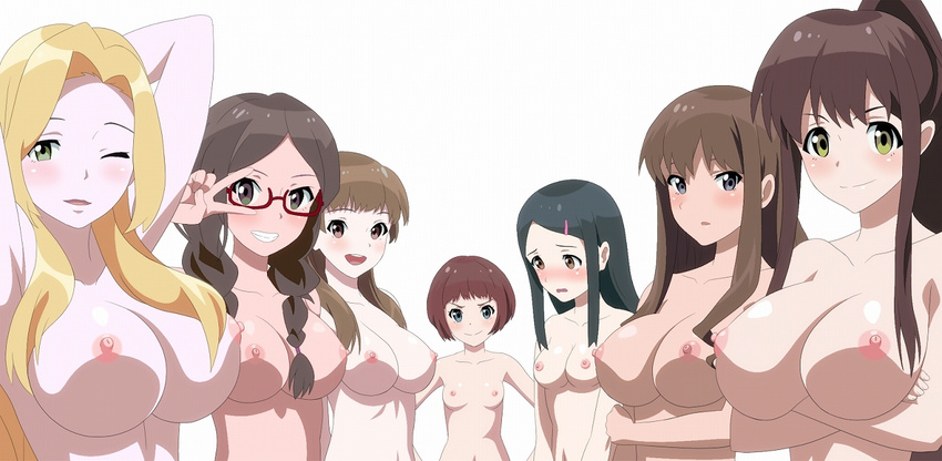 6+girls :d aizawa_nanoka arm_holding arms_behind_back arms_up black_eyes black_hair blonde_hair blush braid breasts brown_eyes brown_hair crossed_arms embarrassed female glasses green_eyes grin hair_ornament hairclip hands_on_hips iwasaki_shiho kh-fullhouse kobayakawa_tina kondou_mai large_breasts lineup long_hair looking_at_viewer multiple_girls navel nipples nude one_eye_closed open_mouth ponytail pose red-framed_glasses semi-rimless_glasses short_hair simple_background small_breasts smile suzuki_moka suzuki_rena twin_braids twintails under-rim_glasses upper_body v v_over_eye wake_up_girls! white_background wink yoshikawa_megumi