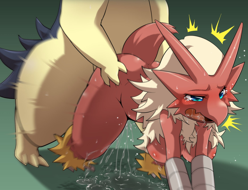 anthro blaziken breasts cum cum_inside cum_on_ground cum_splatter duo enryo faceless_male feathers female interspecies male male/female nintendo nipples non-mammal_breasts nude orgasm penetration pok&eacute;mon pussy_juice rear_view red_body sex simple_background tan_body typhlosion video_games yellow_feathers