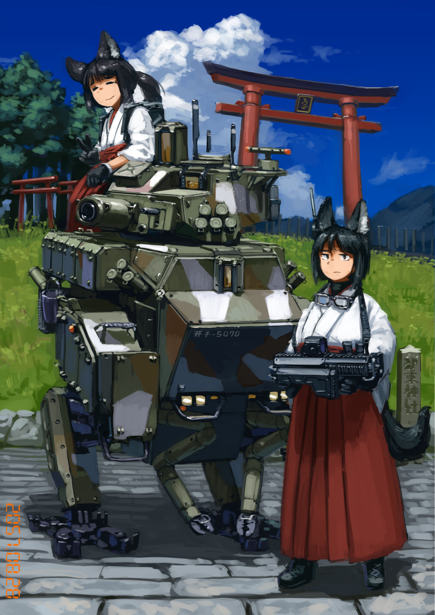 2girls absurdres animal_ears black_gloves black_hair cloud commentary_request day eyes_closed fox_ears fox_girl fox_tail gloves gun hakama highres holding holding_gun holding_weapon hozumi_(ouchan) huge_filesize japanese_clothes long_sleeves miko multiple_girls original outdoors red_hakama robot science_fiction sky tail torii tree v walker weapon wide_sleeves