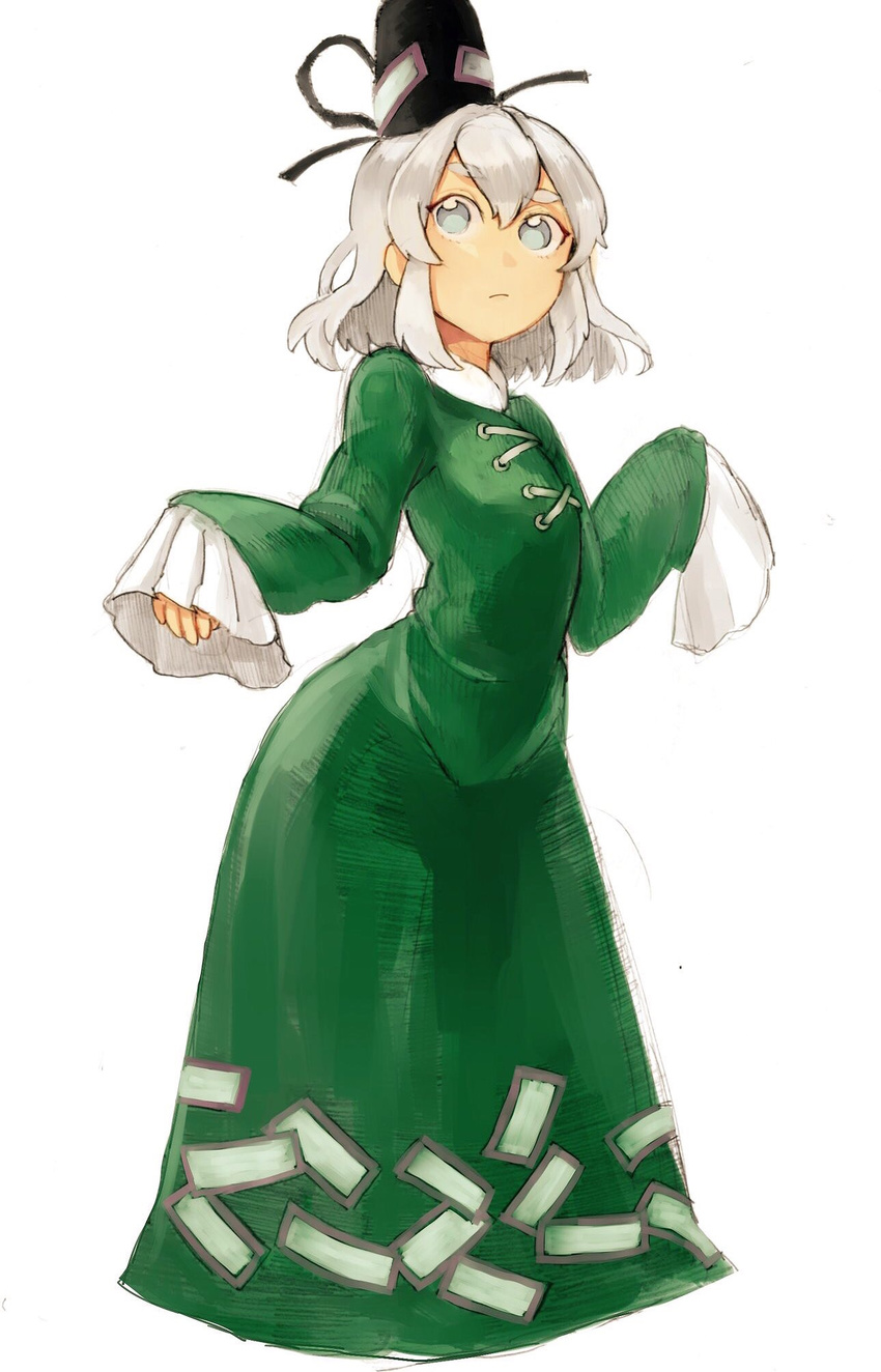 alternate_hairstyle cosplay cropped_legs dress eyebrows green_dress hair_between_eyes hat highres mononobe_no_futo pororikin short_hair silver_eyes silver_hair simple_background sleeves_past_wrists soga_no_tojiko soga_no_tojiko_(cosplay) solo tate_eboshi thick_eyebrows touhou white_background