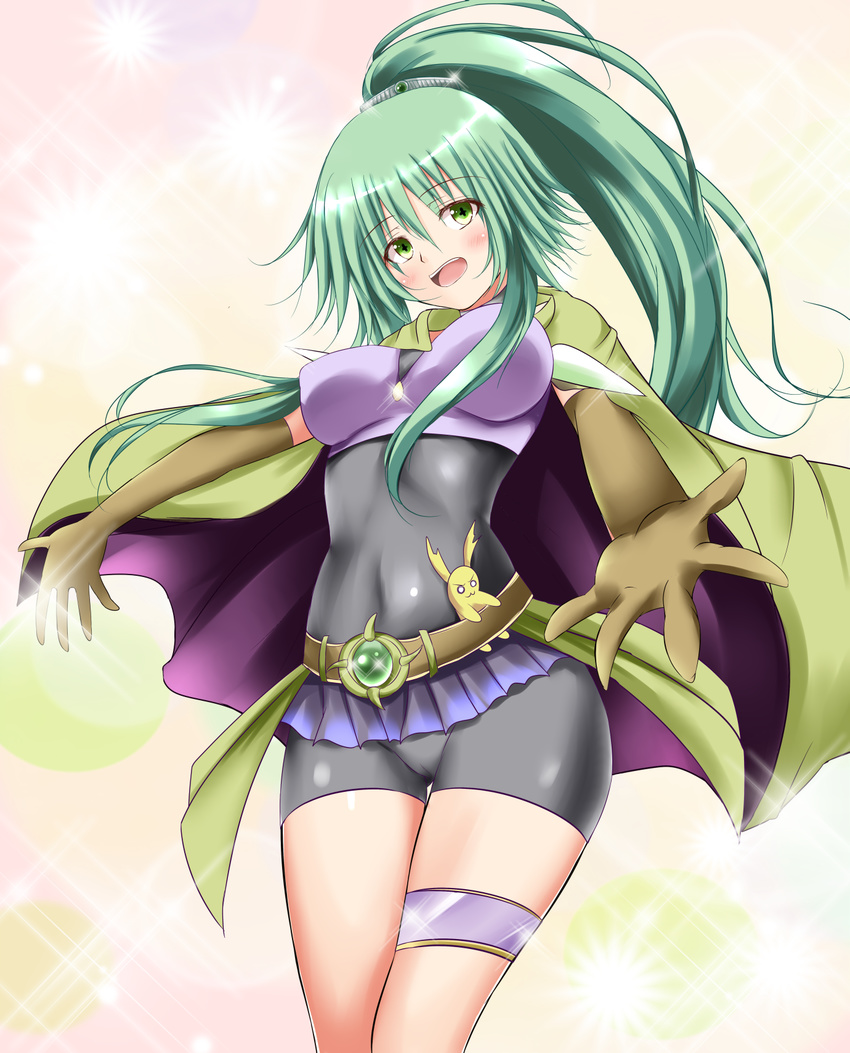 bike_shorts blush breasts cameltoe duel_angel duel_monster elbow_gloves gloves green_eyes green_hair hair_ornament highres long_hair medium_breasts microskirt open_mouth ponytail skirt solo spiritual_beast_tamer_winda symbol-shaped_pupils winda_priestess_of_gusto yuu-gi-ou