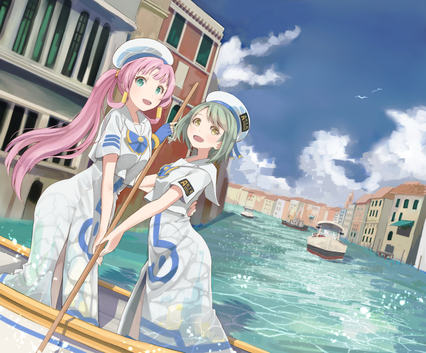 ai_(aria) aqua_hair aria beret blue_sky boat building cloud day dress dutch_angle emblem fingerless_gloves gloves hair_rings hair_tubes hat high_ponytail hinoshita_akame long_hair looking_at_viewer mizunashi_akari multiple_girls older paddle pink_hair river short_hair side_slit sidelocks single_glove sky uniform very_long_hair watercraft white_dress white_hat