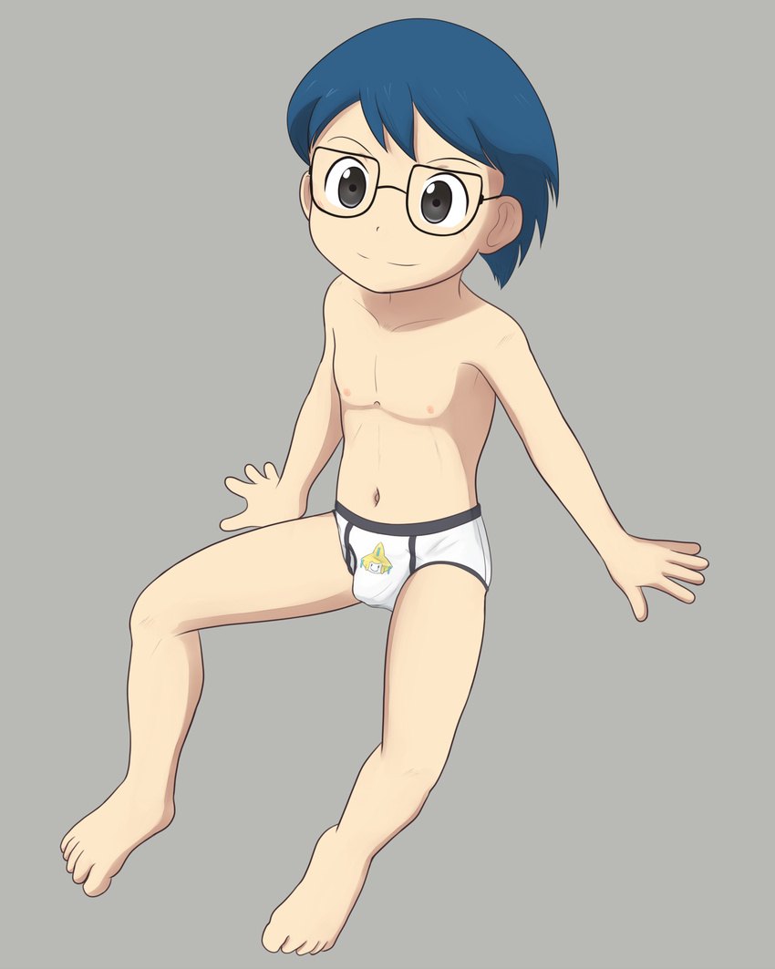 1boy barefoot feet glasses male_focus masato_(pokemon) nipples pokemon pokemon_(anime) sitting smile solo toes topless underwear