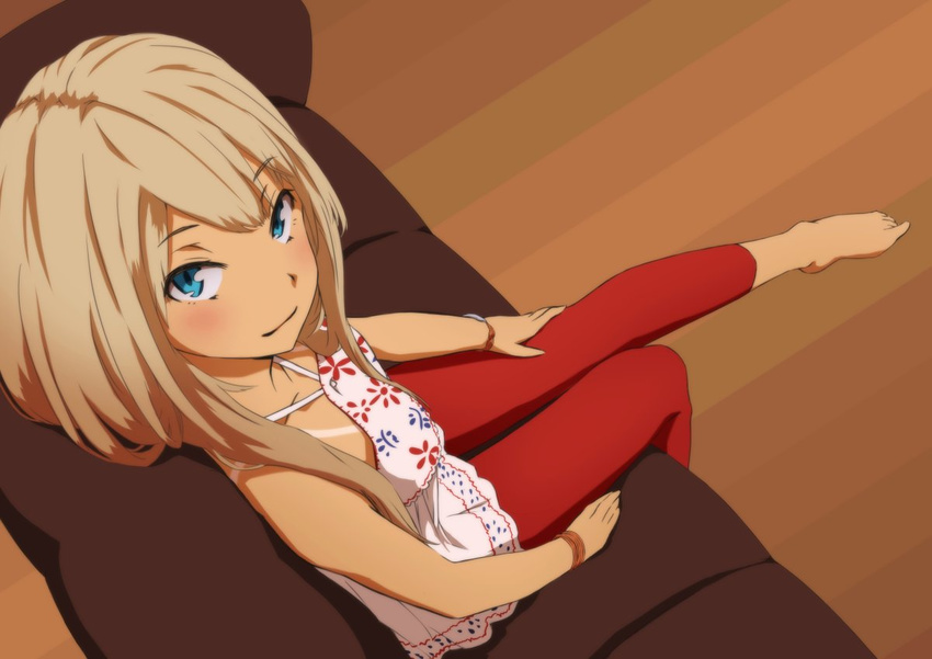 alessandra_susu bare_arms bare_shoulders barefoot blonde_hair blue_eyes camisole capri_pants closed_mouth contemporary couch dark_skin eyebrows eyebrows_visible_through_hair feet floral_print leggings long_hair looking_at_viewer looking_up on_couch pants sitting sleeveless smile solo sonri tan tanline toes tokyo_7th_sisters wooden_floor wristband