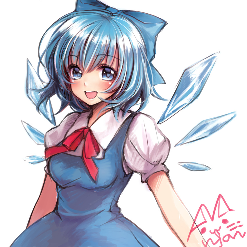 :d blue_dress blue_eyes blue_hair blush bow breasts cirno dress hair_bow highres ice ice_wings looking_at_viewer medium_breasts mii@chiffonx open_mouth puffy_short_sleeves puffy_sleeves red_ribbon ribbon short_hair short_sleeves signature simple_background smile solo teeth touhou upper_body white_background wings