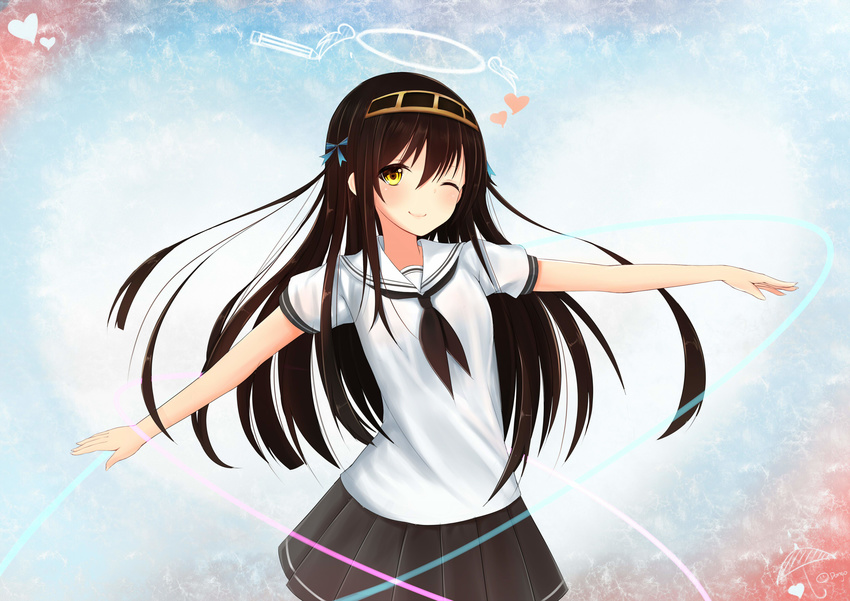 black_hair black_skirt blue_ribbon hair_ribbon hanami_dango_(zzldango) heart highres kantai_collection kongou_(kantai_collection) long_hair one_eye_closed pleated_skirt ribbon school_uniform shirt skirt smile solo white_shirt yellow_eyes