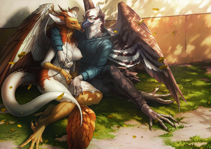 avian beak bird breasts claws clothed clothing duo eva_(ozawk) feathered_wings feathers female male nude smile vulture wildering wings