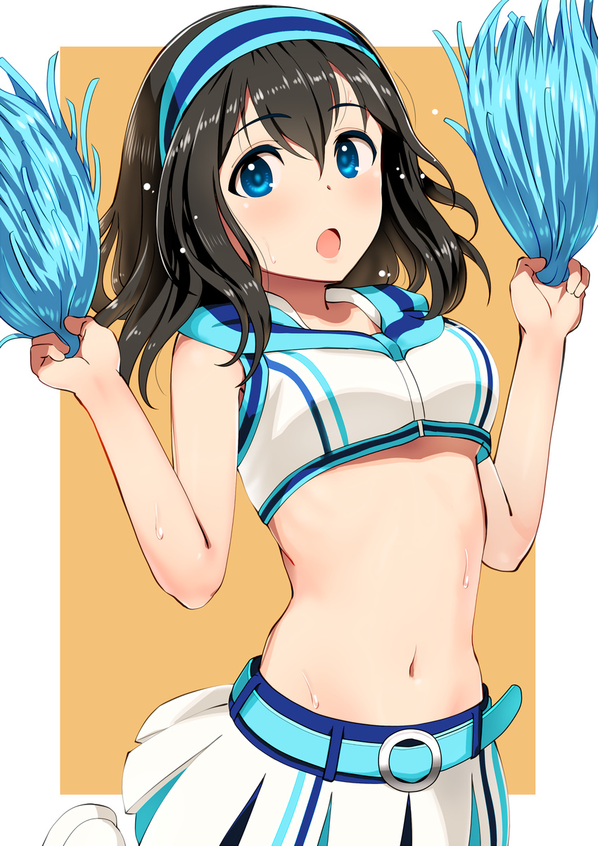 :o belt black_hair blue_eyes blush breasts cheerleader commentary_request crop_top crop_top_overhang hairband highres idolmaster idolmaster_cinderella_girls long_hair medium_breasts midriff navel open_mouth pettan_p pom_poms sagisawa_fumika skirt solo stomach sweat w_arms