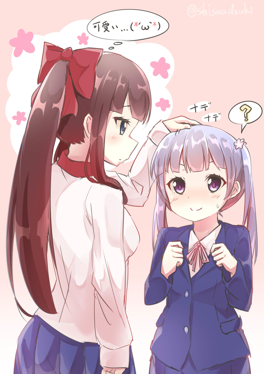 :3 ? absurdres blue_eyes brown_hair emoticon hair_ornament hair_ribbon hand_on_another's_head highres long_hair multiple_girls new_game! petting ponytail purple_eyes purple_hair ribbon shiso_azuki spoken_expression spoken_question_mark suzukaze_aoba sweatdrop takimoto_hifumi translated twintails twitter_username