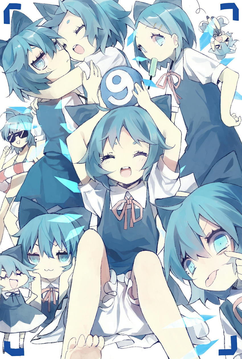 &gt;_&lt; 6+girls :3 ^_^ akanbe alternate_hairstyle barefoot bikini bloomers blue_bikini blue_dress blue_eyes blue_hair cirno closed_eyes commentary_request crossed_bandaids dress facing_viewer food food_in_mouth hair_between_eyes hair_ornament hairclip hand_on_hip hands_on_own_cheeks hands_on_own_face highres hug ice ice_wings innertube looking_at_viewer multiple_girls neck_ribbon object_on_head open_mouth orb pointing pointing_at_self popsicle puffy_short_sleeves puffy_sleeves red_ribbon ribbon round_teeth short_eyebrows short_hair short_sleeves smile sunglasses swimsuit teeth tongue tongue_out touhou underwear v-shaped_eyebrows violet_(qs312556616) wings