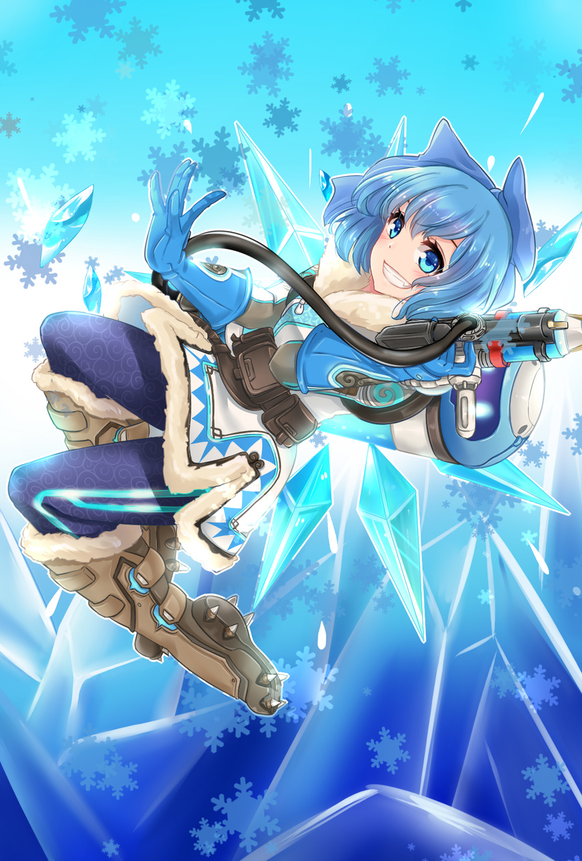 :d bangs belt belt_pouch blue_bow blue_eyes blue_gloves blue_hair blue_legwear blush boots bow brown_footwear canister canteen cirno coat cosplay energy_gun fang finger_on_trigger fur-trimmed_boots fur-trimmed_jacket fur_boots fur_coat fur_trim gloves grin gun hair_bow handgun hands_up harness highres holding holding_gun holding_weapon hose ice ice_wings jacket knee_boots looking_at_viewer mei_(overwatch) mei_(overwatch)_(cosplay) midair open_mouth overwatch parka pouch power_connection print_legwear ray_gun rouyuanzi_xiao_diudiu short_hair smile snowflake_background solo spiked_boots spikes strap touhou utility_belt weapon wings winter_clothes winter_coat