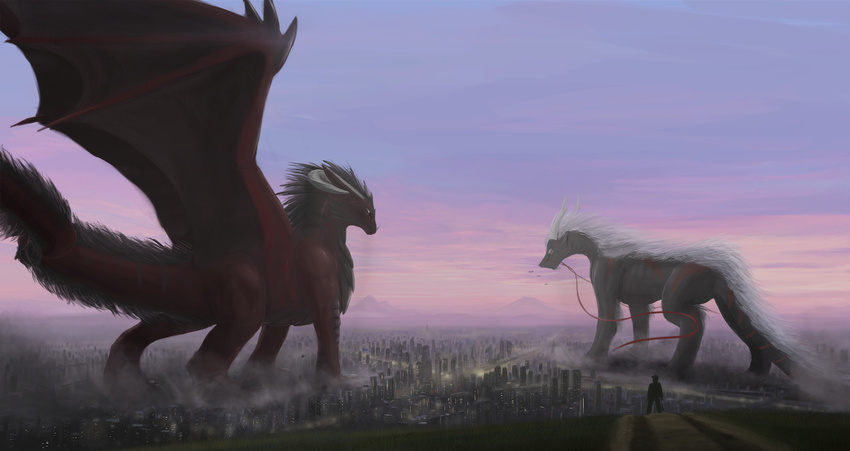 ambiguous_gender black_hair city curved_horn day detailed_background dragon duo feral hair horn male membranous_wings nude outside sky smooth_horn spread_wings standing themefinland white_hair wings