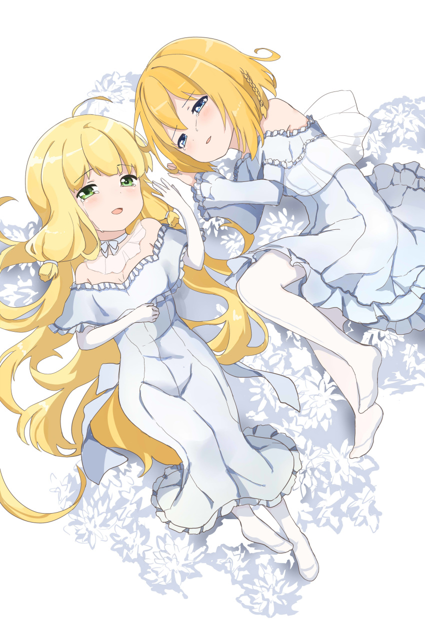 2girls :d absurdres bangs bare_shoulders blonde_hair blue_eyes blush breasts commentary_request copyright_request crying crying_with_eyes_open dress elbow_gloves eyebrows_visible_through_hair flower frilled_dress frills gloves green_eyes hair_between_eyes half-closed_eyes hand_up highres kiri_sakura long_hair lying multiple_girls no_shoes off-shoulder_dress off_shoulder on_back on_side open_mouth pantyhose parted_lips see-through small_breasts smile tears very_long_hair white_background white_dress white_flower white_gloves white_legwear
