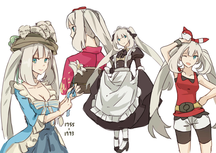 ;d bike_shorts breasts character_sheet cleavage cosplay dress fate/grand_order fate_(series) flower grey_hair haruka_(pokemon) haruka_(pokemon)_(cosplay) hat holding holding_poke_ball hsin japanese_clothes kimono long_hair looking_at_viewer maid marie_antoinette_(fate/grand_order) medium_breasts multiple_views one_eye_closed open_mouth poke_ball poke_ball_(generic) pokemon pokemon_(game) pokemon_oras shorts simple_background smile twintails white_background