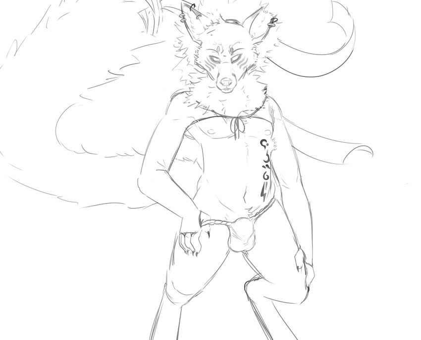 anthro armpits bulge canine clothing crop_top digitigrade ear_piercing fox fundoshi furfit hand_on_knee japanese_clothing line_art looking_at_viewer male mammal monochrome navel neck_tuft nipples pecs piercing shirt sketch_page slim solo tuft underwear underwear_pull voltaire