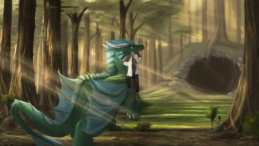 anthro blue_eyes carrying cave clothed clothing curved_horn day detailed_background dragon duo feral forest green_scales horn membranous_wings outside scales scalie standing sunlight teeth themefinland tree wings