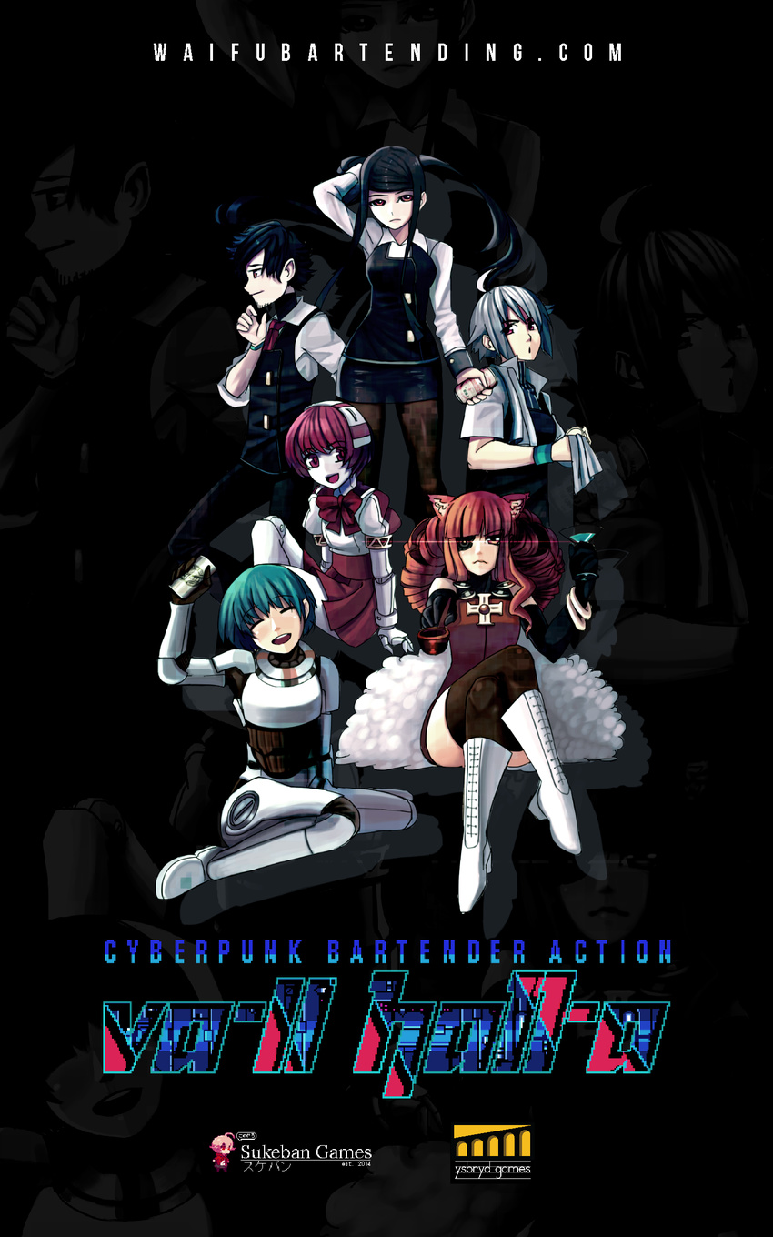 5girls absurdres animal_ears antenna_hair armor beer_can black_hair blue_hair boots bow can cat_ears closed_eyes cocktail_glass crossed_legs cup cybernetic_eye cyberpunk dana_zane dorothy_(va-11_hall-a) drill_hair drinking_glass facial_hair gillian_(va-11_hall-a) gloves highres jewelry julianne_stingray kiririn51 looking_at_viewer multiple_girls necklace necktie official_art pantyhose pink_eyes pink_hair pipe puffy_sleeves red_eyes red_hair robot sei_(va-11_hall-a) short_hair sidelocks skirt stella_hoshii thighhighs twintails va-11_hall-a vest watermark web_address white_hair wristband