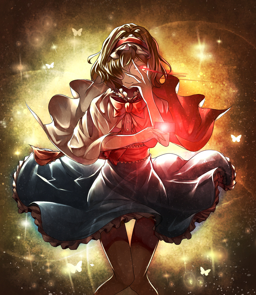 alice_margatroid blonde_hair blue_dress bow bowtie bug butterfly capelet card commentary_request cowboy_shot dress frills glowing glowing_eyes hair_over_one_eye hairband hand_over_face highres insect knees_together lolita_hairband looking_at_viewer pantyhose red_bow red_eyes red_neckwear sakuramochi_(aozomesakura) short_hair smile solo spell_card touhou