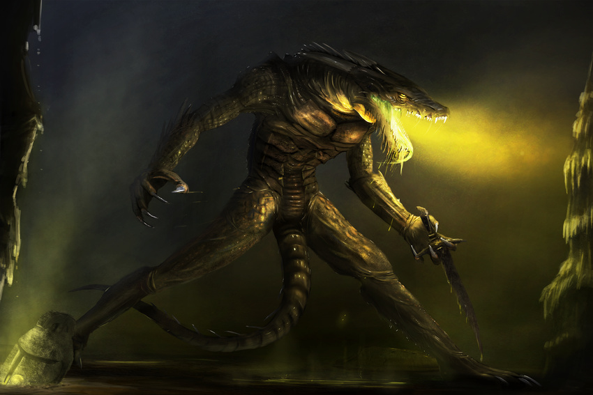 4_fingers anthro armor dagger dragon featureless_crotch glowing green_scales helmet holding_object holding_weapon horn male melee_weapon nude open_mouth saliva scales simple_background smooth_horn solo standing teeth themefinland weapon yellow_eyes