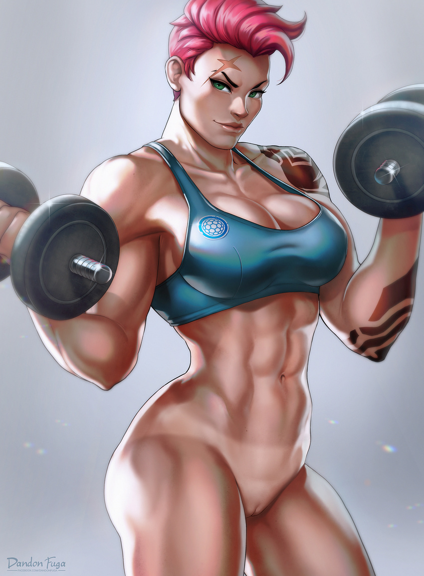 abs absurdres barbell bottomless breasts cleavage dandon_fuga dark_skin green_eyes highres large_breasts legs looking_at_viewer muscle muscular_female navel overwatch pink_hair pussy scar short_hair solo sports_bikini tan tanline tattoo thighs uncensored zarya_(overwatch)