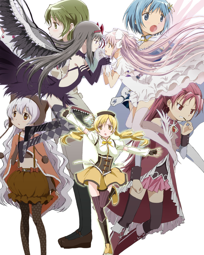 :o akemi_homura akuma_homura argyle argyle_legwear black_dress black_gloves black_legwear clenched_teeth corset dress elbow_gloves food from_side gloves highres holding_hands kaname_madoka kinfuji kyubey long_hair looking_at_another mahou_shoujo_madoka_magica mahou_shoujo_madoka_magica_movie miki_sayaka multiple_girls official_style pantyhose pocky polka_dot polka_dot_legwear sakura_kyouko shizuki_hitomi shoes skirt spoilers striped striped_legwear teeth thighhighs tomoe_mami two_side_up ultimate_madoka vertical-striped_legwear vertical_stripes very_long_hair white_background white_dress white_gloves winged_shoes wings yellow_skirt zettai_ryouiki