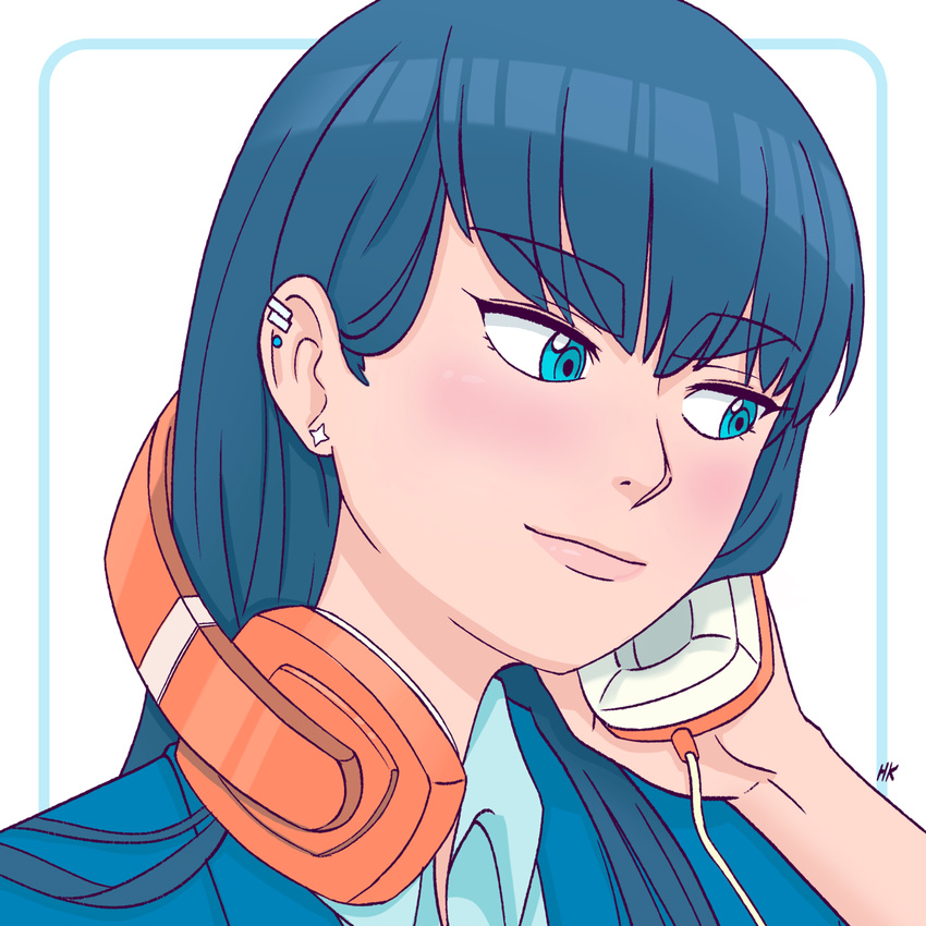 black_hair blue_eyes blush collared_shirt earrings eyebrows headphones headphones_around_neck herokick highres jacket jewelry kill_la_kill kiryuuin_satsuki long_hair protected_link shirt solo thick_eyebrows