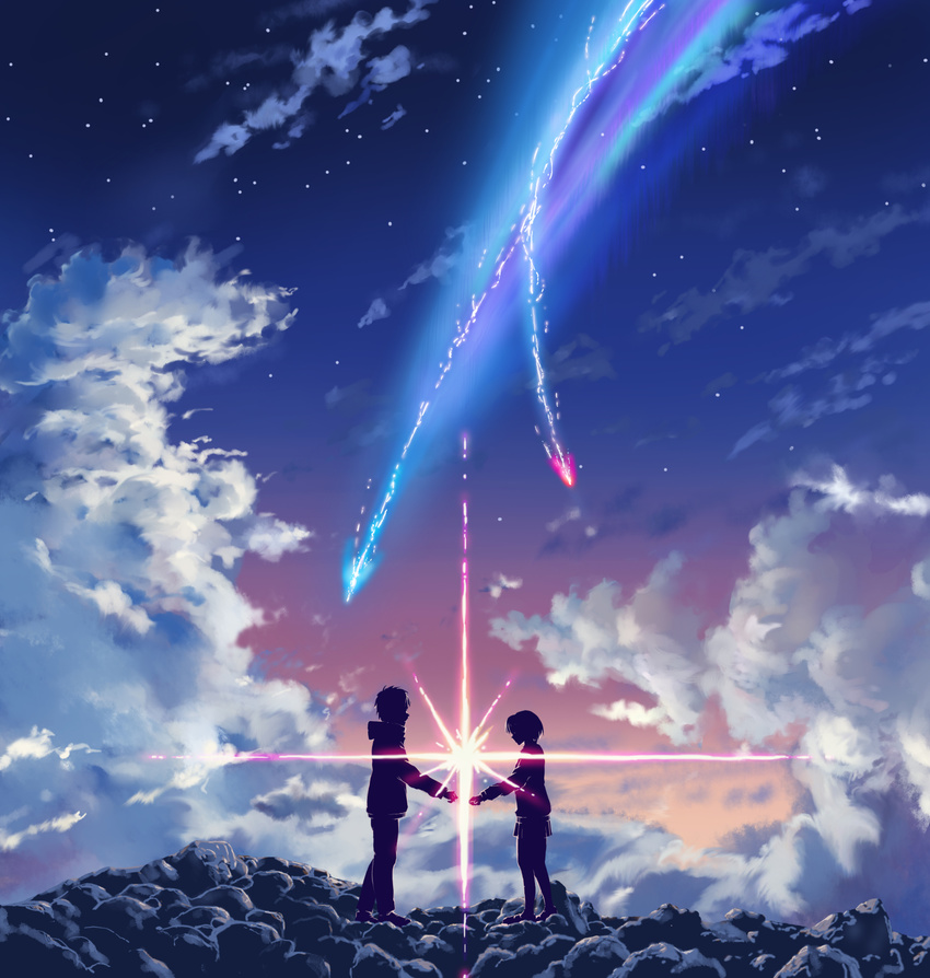 1girl cloud diffraction_spikes highres kimi_no_na_wa miyamizu_mitsuha scenery short_hair sky spoilers sue_(frederica--bernkastel) tachibana_taki